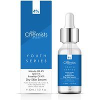 Blue and white Skin Chemists serum bottle with dropper, labeled "Dry Skin Marula Oil 4%, Q10 1%, Rosehip Oil 4%".