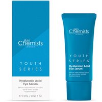 Blue tube of skinChemists Hyaluronic Acid Eye Serum 15ml with matching box, Youth Series branding.
