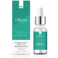 SkinChemists Hydrating Serum 30ml with teal label, dropper cap, and matching box featuring product details.
