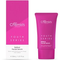 Pink tube of SkinChemists Retinol Bakuchiol Facial Serum, 30ml, with matching pink box labeled "Youth Series."