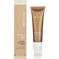 SkinSense Ceramide24 Retinal Silk Night Serum, 30ml, in a bronze tube with white cap, beside matching box.