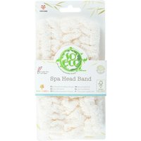 White So Eco Spa Head Band with textured fabric in eco-friendly packaging featuring green logo and product details.
