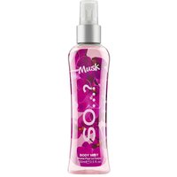 "So...? Musk Body Mist 100 ml in a clear bottle with pink floral design and silver spray cap"