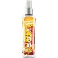 Clear bottle of So...? Pistachio Caramel Body Mist, 100 ml, with yellow and caramel design, silver spray cap.