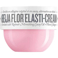 Pink Sol de Janeiro Beija Flor Elasti-Cream jar with white lid and bold gray text detailing ingredients.