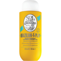 Yellow Sol de Janeiro shower cream-gel bottle with white cap, featuring bold black text and turquoise accents.