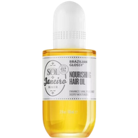 Sol De Janeiro Brazilian Glossy Hair Oil, 58 ml, clear bottle with white label and cap, yellow oil inside.