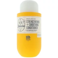 Yellow Sol de Janeiro conditioner bottle with white cap and label, featuring "Strengthening & Smoothing Conditioner" text.