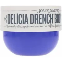 Blue jar of Sol de Janeiro Delicia Drench Body Butter 75ml with white lid and bold gray text.