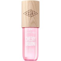 Pink Sol de Janeiro perfume mist bottle with wooden cap, labeled "Cheeky Biquini" in white text.