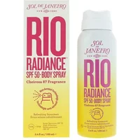 Sol de Janeiro Rio Radiance SPF 50 Body Spray, 100ml, yellow and white bottle with pink text and matching box.