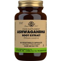 Brown bottle of Solgar Ashwagandha Root Extract, 60 vegetable capsules, green label with black text.