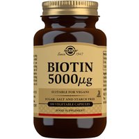 Solgar Biotin 5000 µg, dark amber bottle with gold cap, 100 vegetable capsules, vegan label, sugar-free.