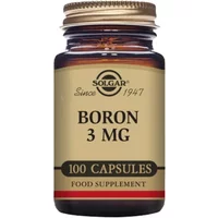 Brown glass bottle with gold cap, Solgar Boron 3mg label, 100 capsules, beige and red accents.