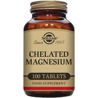 Brown glass bottle of Solgar Chelated Magnesium, 100 tablets, gold label with black text and logo.