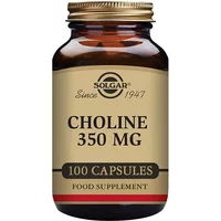 Brown glass bottle with gold cap, labeled "Solgar Choline 350mg 100 Capsules" in black text on beige background.