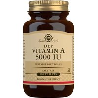 Brown Solgar bottle with gold cap, labeled "Dry Vitamin A 5000 IU," contains 100 tablets, vegan and salt-free.