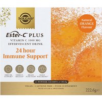 Solgar Ester-C Plus Effervescent sachets box, orange and white design, 24-hour immune support, natural orange flavor.