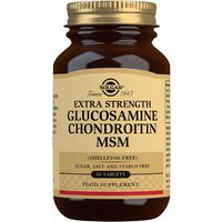 Brown glass bottle with gold cap, Solgar Extra Strength Glucosamine Chondroitin MSM, 60 tablets, beige label.