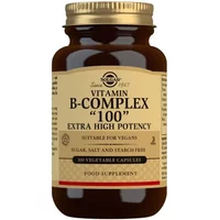 Brown glass bottle with gold cap, labeled "Vitamin B-Complex '100'" by Solgar, contains 100 vegetable capsules.