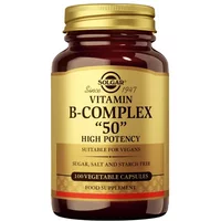 Brown bottle of Solgar Vitamin B-Complex "50" with gold label and black text, containing 100 vegetable capsules.