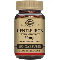 Brown glass bottle of Solgar Gentle Iron 20mg, 180 capsules, gold cap, beige label with black text.