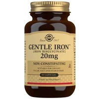 Solgar Gentle Iron 20mg bottle with gold cap, brown glass, and beige label detailing non-constipating iron supplement.