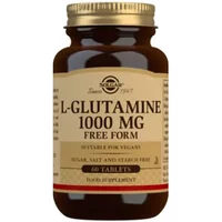 Brown bottle of Solgar L-Glutamine 1000 mg tablets, gold cap, beige label with black and red text, pack of 60.