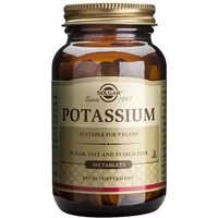 Brown glass bottle with gold cap, labeled "Solgar Potassium Gluconate 100 Tablets," suitable for vegans.