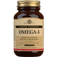 Brown bottle of Solgar Triple Strength Omega-3 Softgels, beige label, black cap, 100 softgels, dietary supplement.