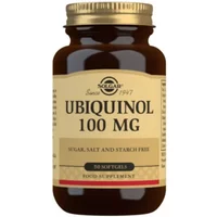 Brown glass bottle of Solgar Ubiquinol 100mg CoQ-10 Softgels with gold cap and beige label, 50 softgels.