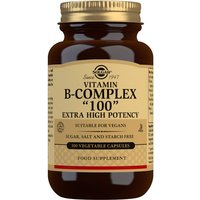 Solgar Vitamin B-Complex "100" in a brown glass bottle with gold label, 100 vegetable capsules, extra high potency.