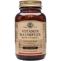 Brown glass bottle with gold cap, Solgar Vitamin B-Complex with Vitamin C, 100 tablets, beige label with black text.