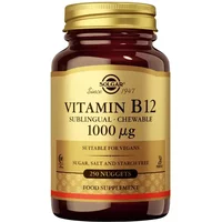 Brown glass bottle of Solgar Vitamin B12 1000mcg, gold label, 250 chewable nuggets, vegan-friendly.