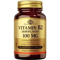 Brown bottle of Solgar Vitamin B2 100mg with gold label, 100 vegetable capsules, suitable for vegans.