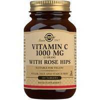 Brown glass bottle of Solgar Vitamin C 1000mg with Rose Hips, beige label, black text, 100 tablets.