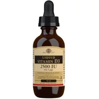 Brown glass bottle of Solgar Vitamin D3 liquid with dropper and beige label.