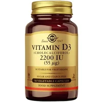 Solgar Vitamin D3 2200 IU bottle, amber glass with gold cap, 50 vegetable capsules, labeled for vegetarians.