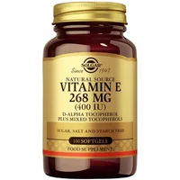 Amber bottle of Solgar Vitamin E 268mg 400iu Mixed Softgels with gold cap and label detailing supplement facts.