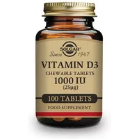 Brown glass bottle with gold cap, labeled "Solgar Vitamin D3 1000 IU," containing 100 chewable tablets.