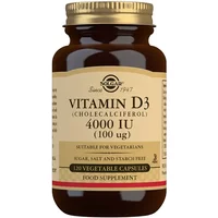 Brown glass bottle of Solgar Vitamin D3 4000 IU, beige label, gold cap, 120 vegetable capsules.