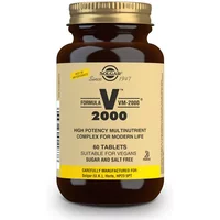 Brown bottle of Solgar VM-2000, 60 tablets, with gold cap and beige label featuring black text and Solgar logo.