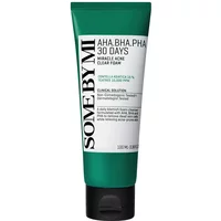 Green tube of Some by Mi AHA BHA PHA 30 Days Miracle Acne Clear Foam, 100 ml, with bold black text.
