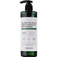 Green bottle of Some by Mi body cleanser with pump, white label, and black text detailing AHA BHA PHA formula.