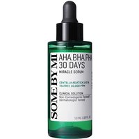 Green bottle of Some by Mi AHA BHA PHA 30 Days Miracle Serum with black dropper cap, 50 ml size.