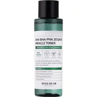 Green bottle of Some by Mi AHA BHA PHA 30 Days Miracle Toner with white label and black cap.