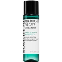 Green and black bottle of Some by Mi AHA BHA PHA 30 Days Miracle Toner, 30 ml, with white label and black cap.