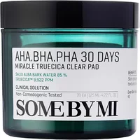 Green jar of Some by Mi AHA BHA PHA 30 Days Miracle Truecica Clear Pad with white label and black lid.