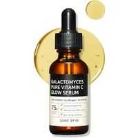 Brown dropper bottle of Some by Mi Galactomyces Pure Vitamin C Glow Serum, black cap, white label, gold liquid backdrop.