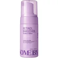 Purple bottle of Some by Mi Retinol Bakuchiol Bubble Toner, 100ml, with clear cap and white pump dispenser.